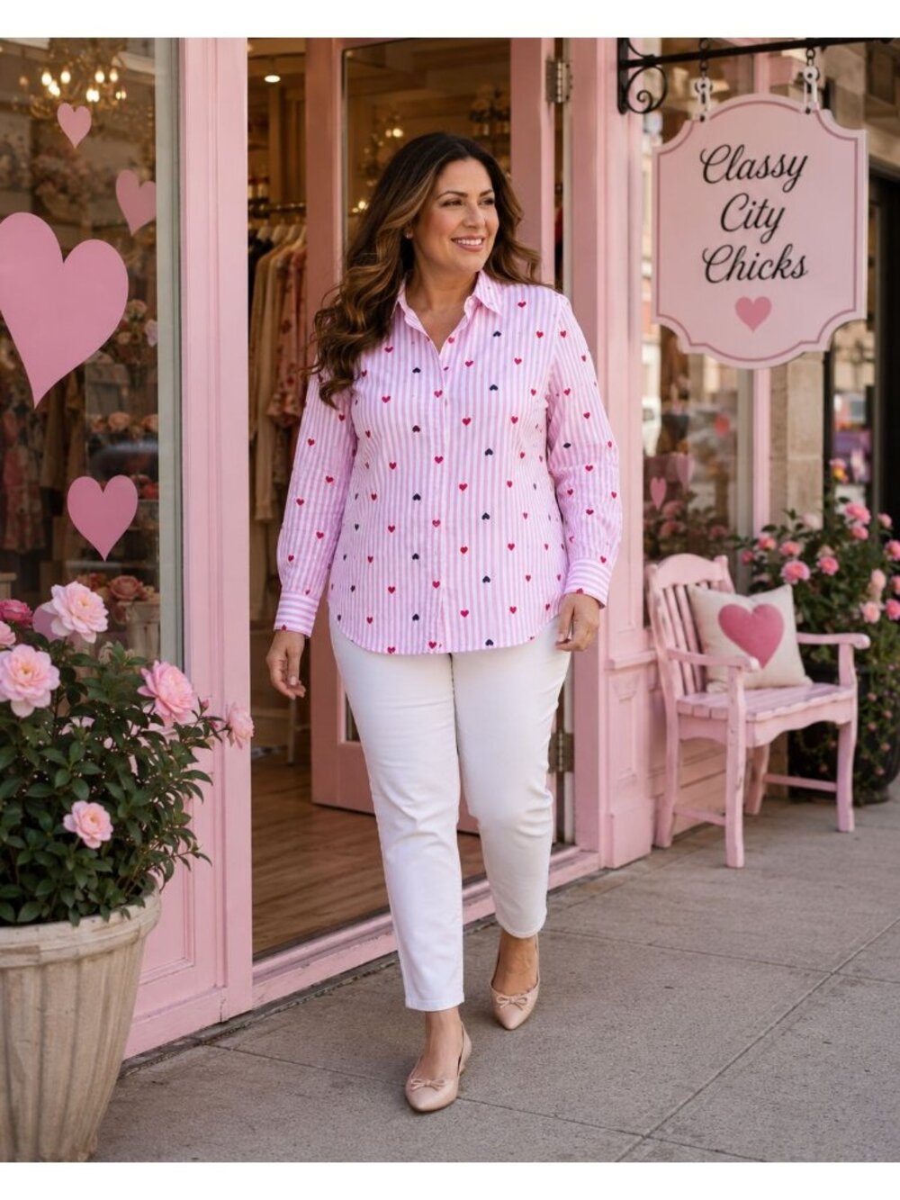 Woman Within 18 20 Pink Striped Heart Button Down Shirt Long Sleeve Loose Fit - Picture 2 of 11